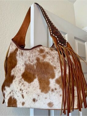 American Darling Brown and White Cowhide Fringe Shoulder Bag with Tooled Strap